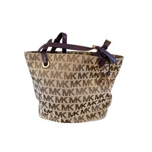 MICHAEL‎ KORS Signature MK Monogram Canvas Leather Trim Bucket Bag Tote Purse